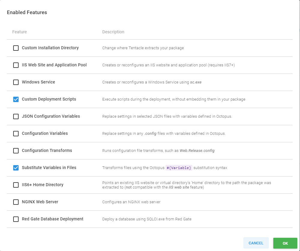 Template enabled features