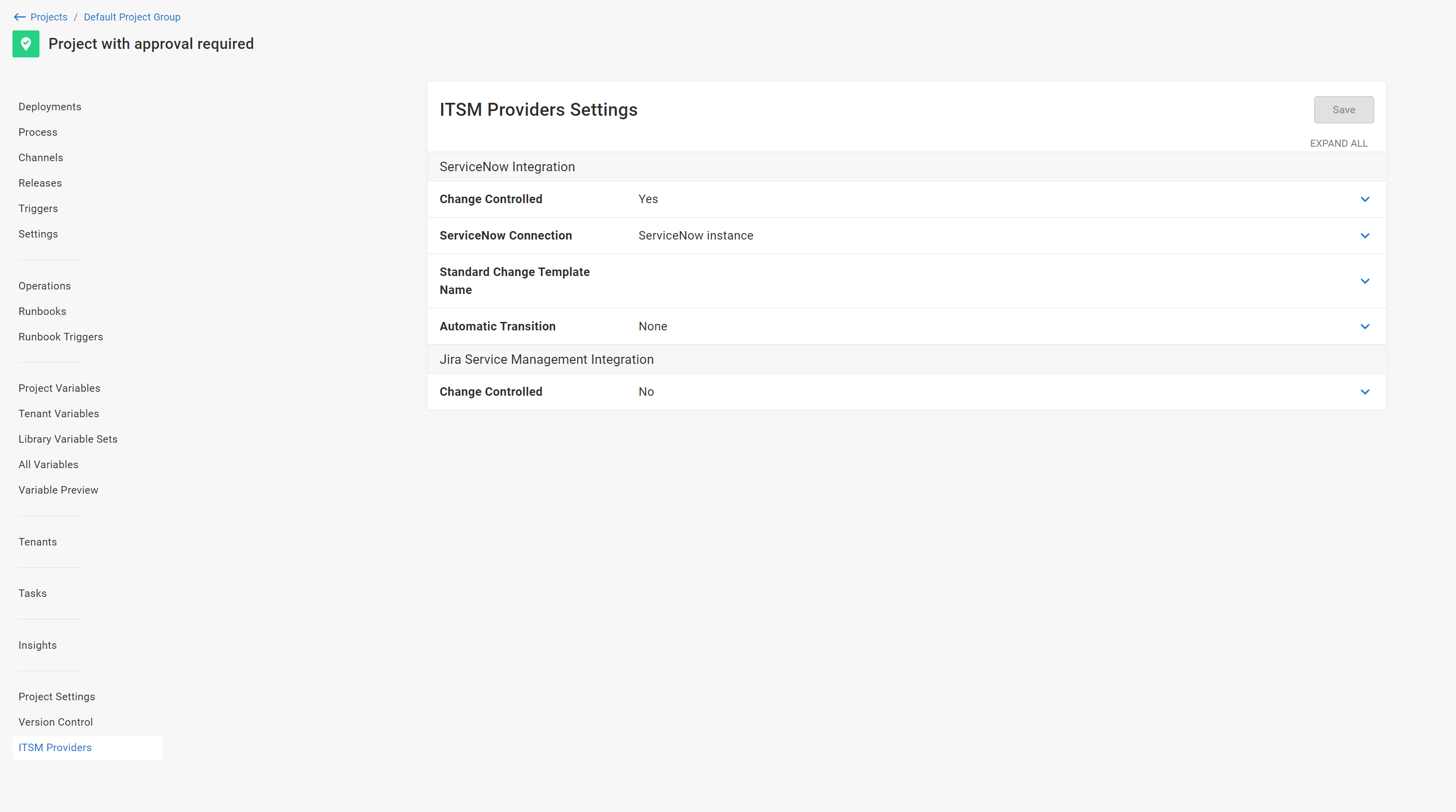 ServiceNow Integration Project settings