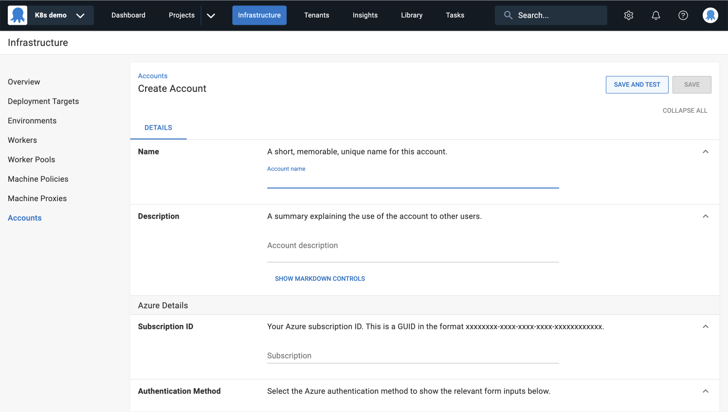 Create Account page with form in Octopus Deploy.