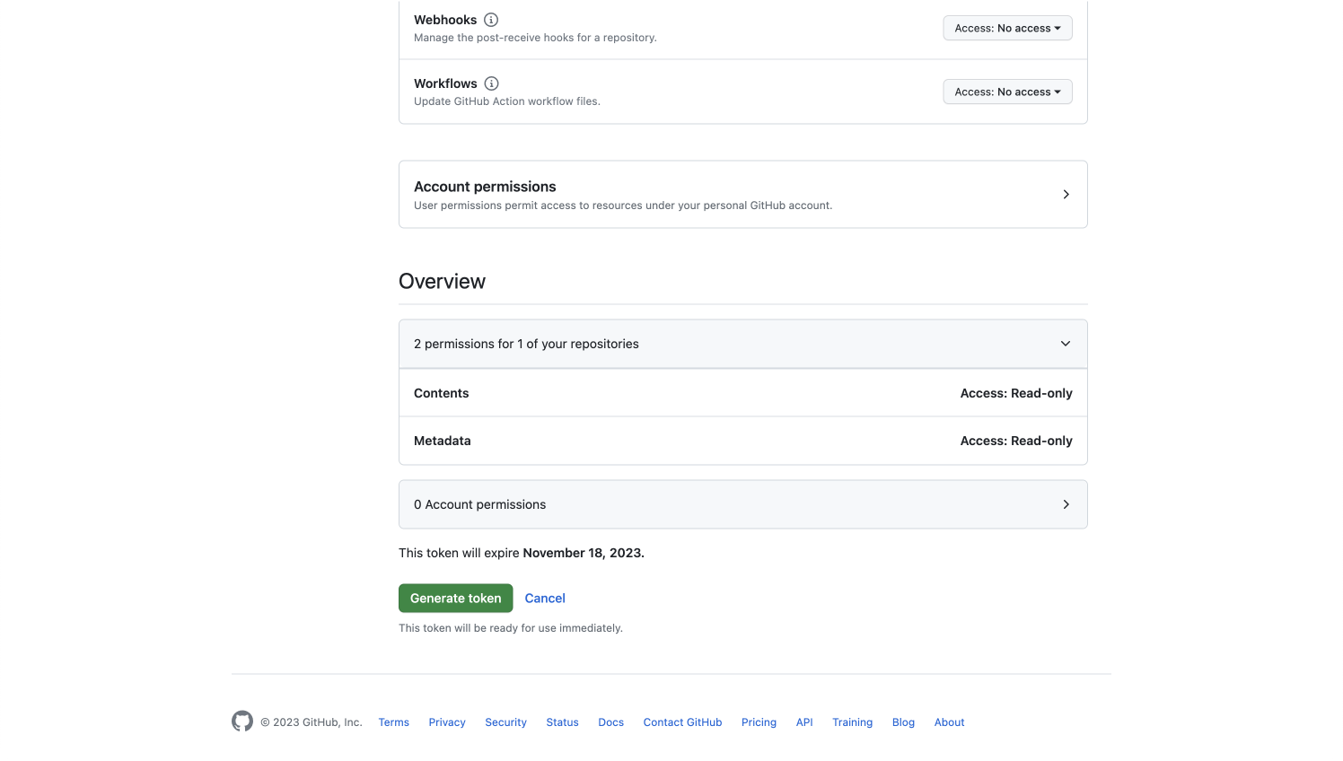 A GitHub settings page where users can manage permissions for fine-grained tokens.
