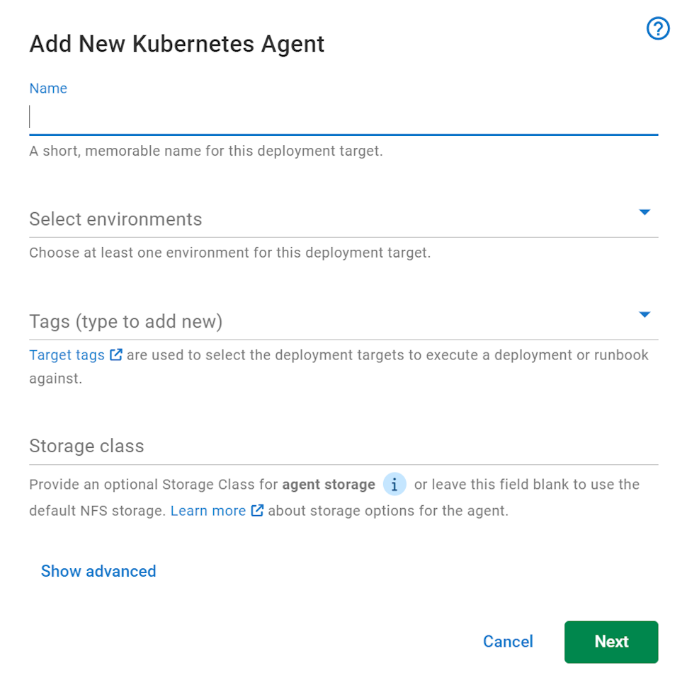 Kubernetes Agent Wizard Config Page