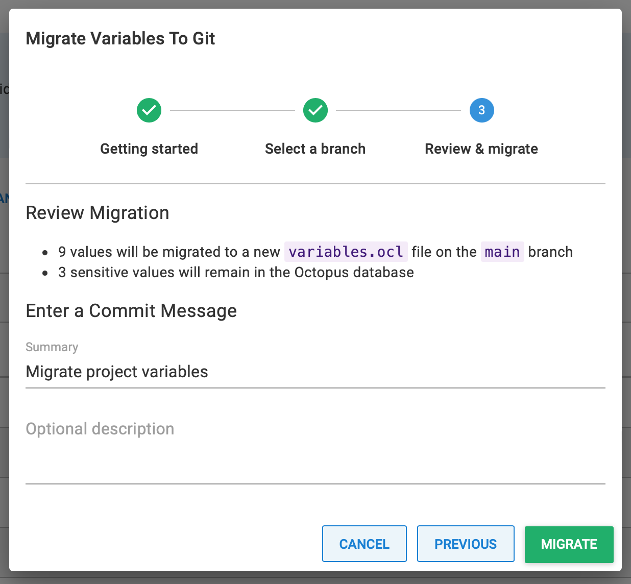 Screenshot of page 3 (review and migrate) on Git variables migration wizard, showing 9 values will be migrated to a new variables.ocl file on the main branch, and 3 sensitive values will remain in the database. Commit message populated with 'Migrate project variables'