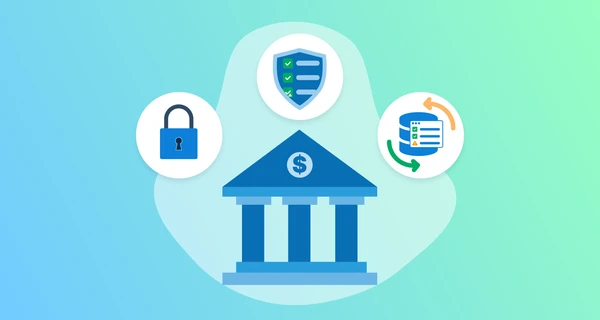 Building with three pillars and dollar symbol surrounded by icons that represent security and compliance.
