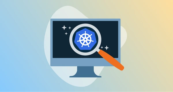 Kubernetes inside magnifying glass on computer screen with stars surrounding it