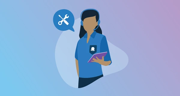 Silhouette of a woman wearing headphones with a mic in an Octopus branded tee holding a tablet.