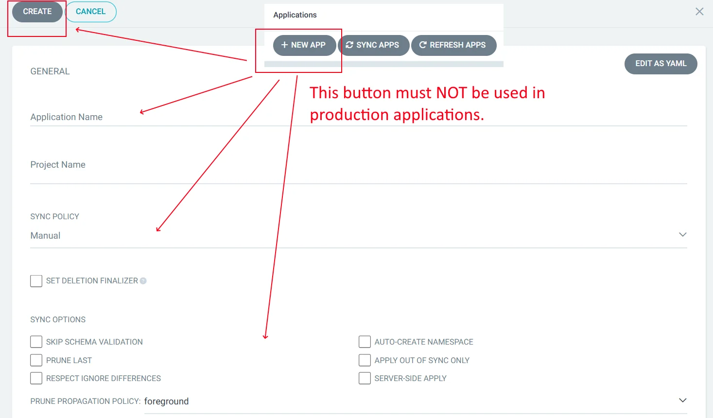 Create new app button