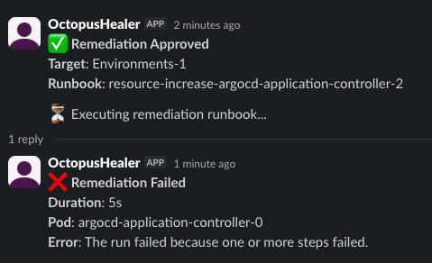 Slack bot telling the operator about the Runbook execution outcome