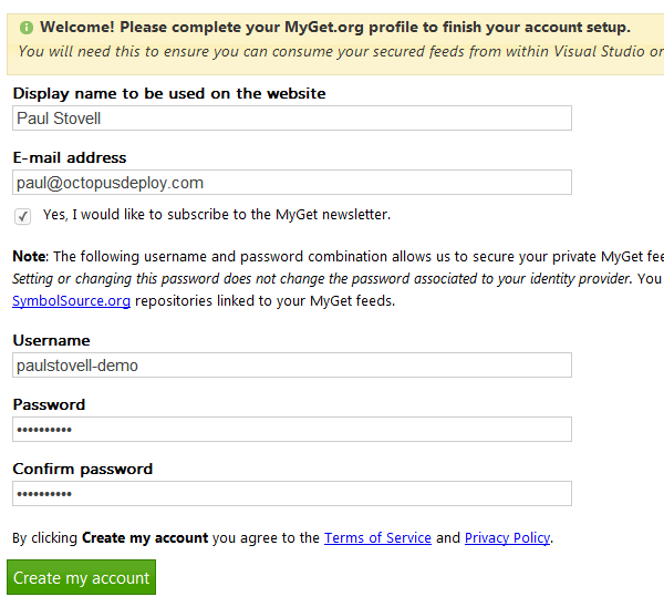 MyGet signup