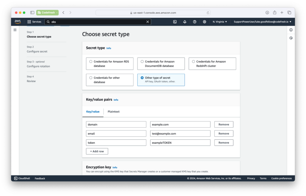 AWS secret type selection