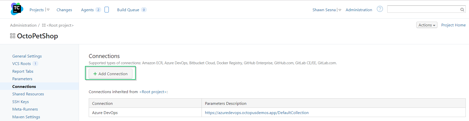 Teamcity project connections button