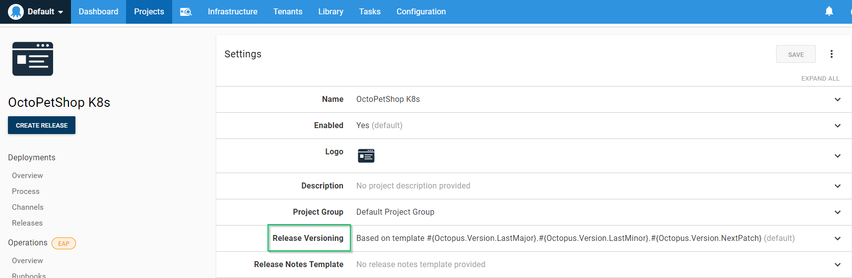 Octopus project settings versioning