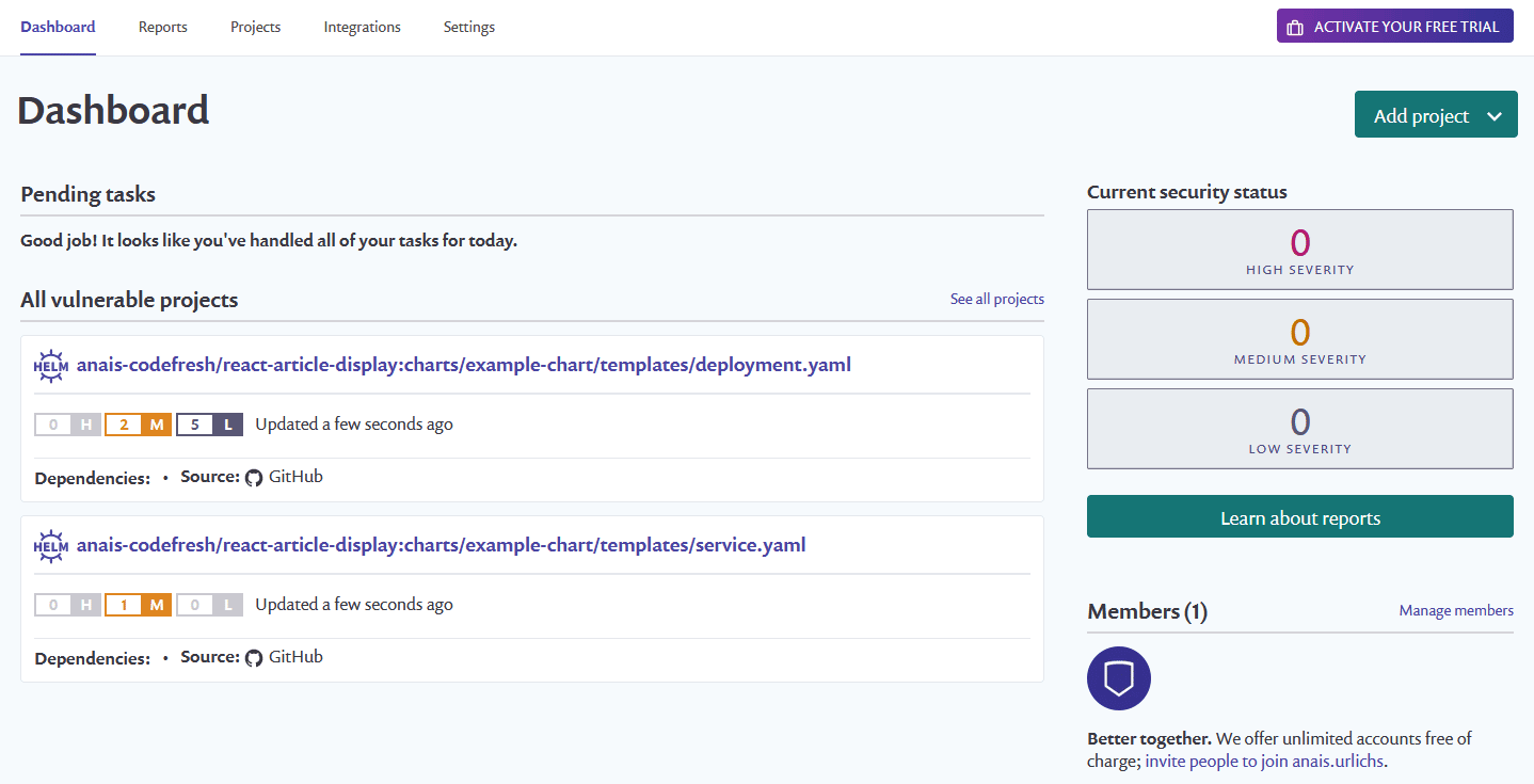 Snyk dashboard