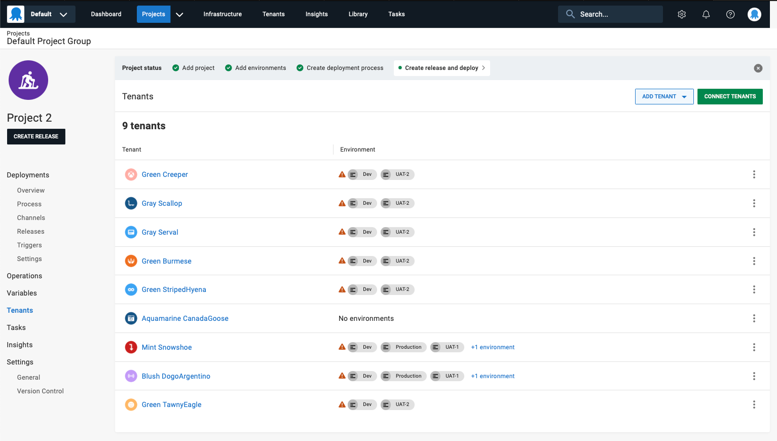The new tenants page in the project view