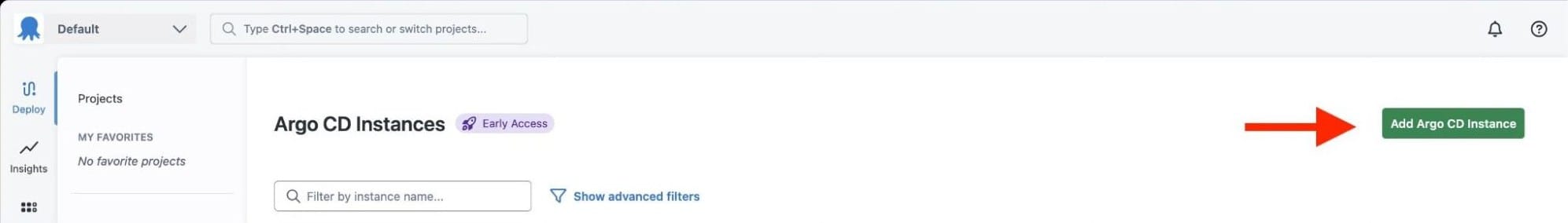 Screenshot of the Argo Instance button at the top of the Argo CD instances screen