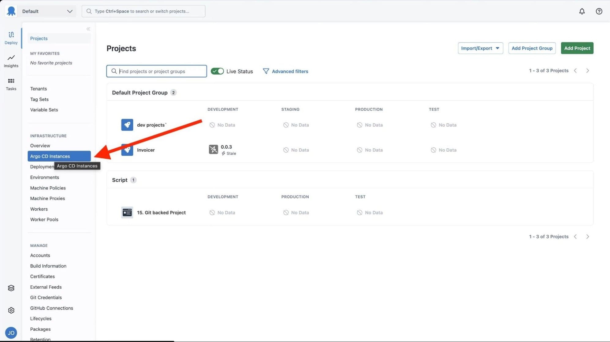 Octopus dashboard highlighting the Argo CD instances menu option