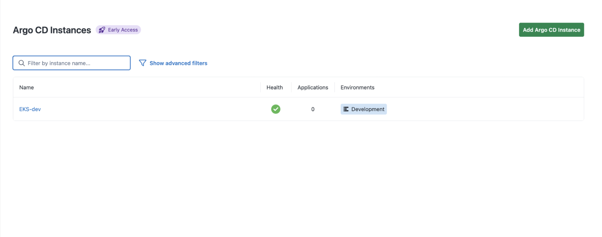 Confirmation of a connected cluster in the Argo CD Instance tab
