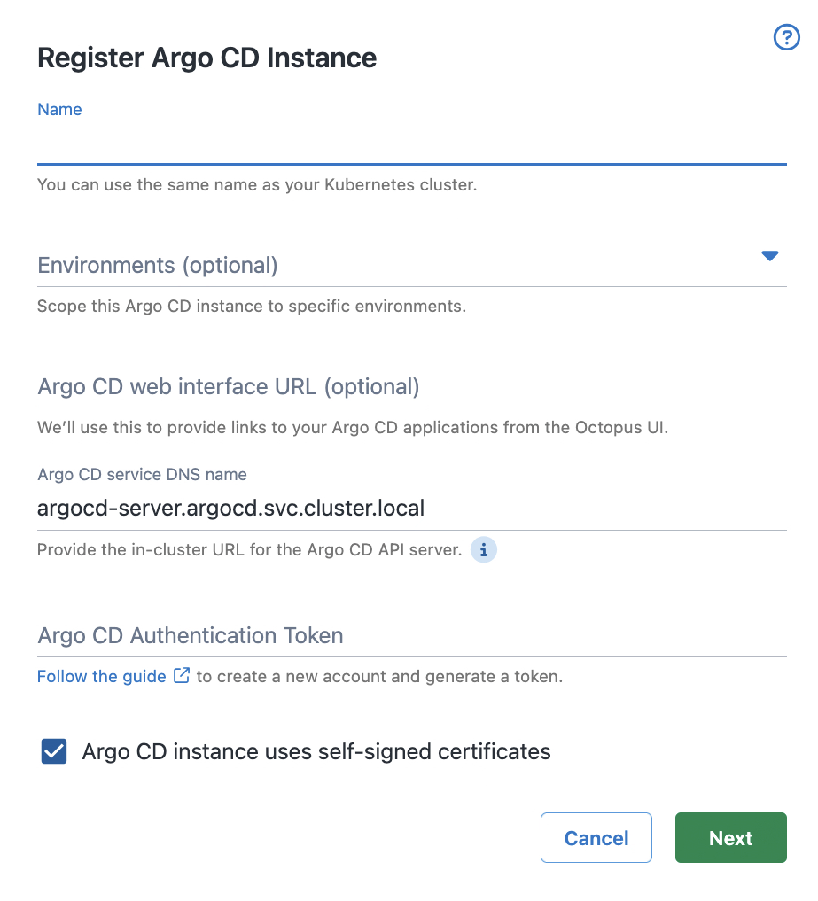 The Argo CD instance registration form
