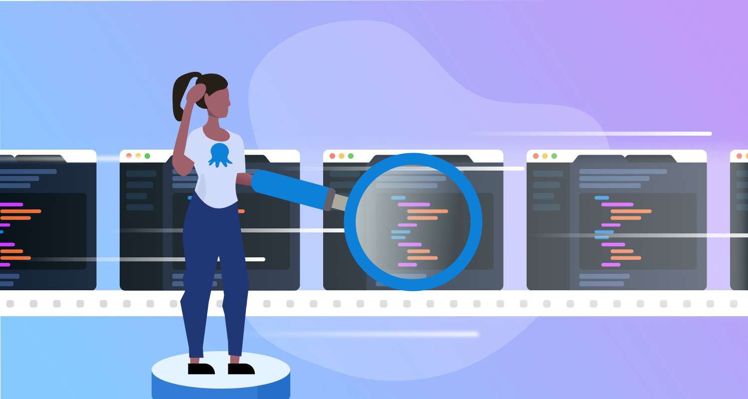 An illustrated figure of a woman who is examining a code pipeline. She is scratching her head to indicate that she's confused.