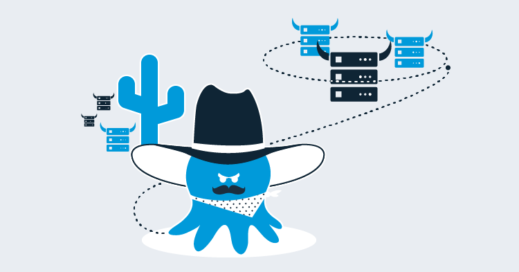 An octopus cowboy wrangles horned server racks.