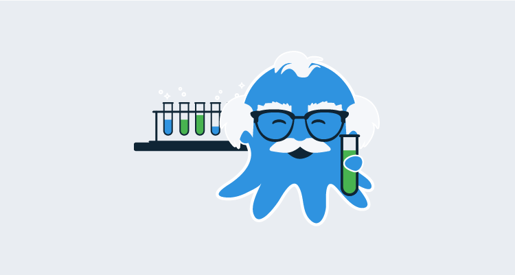 Octopus Professor running tests in a lab with chemicals and beakers