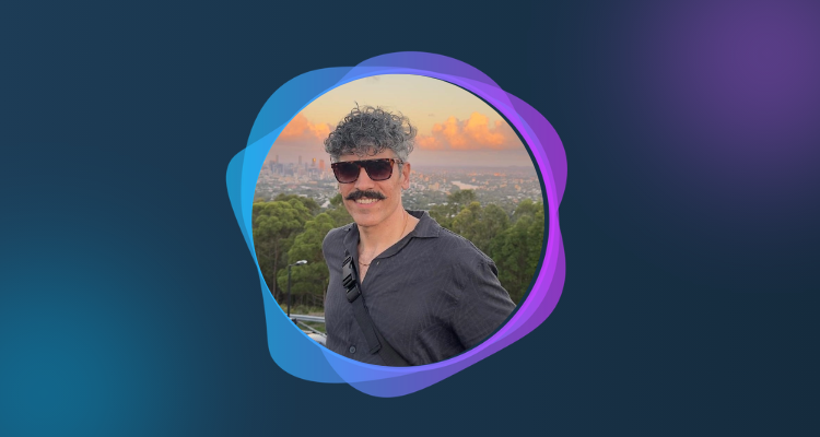 A photograph of Kian Rogerdi surrounded by a circular blue and purple frame.