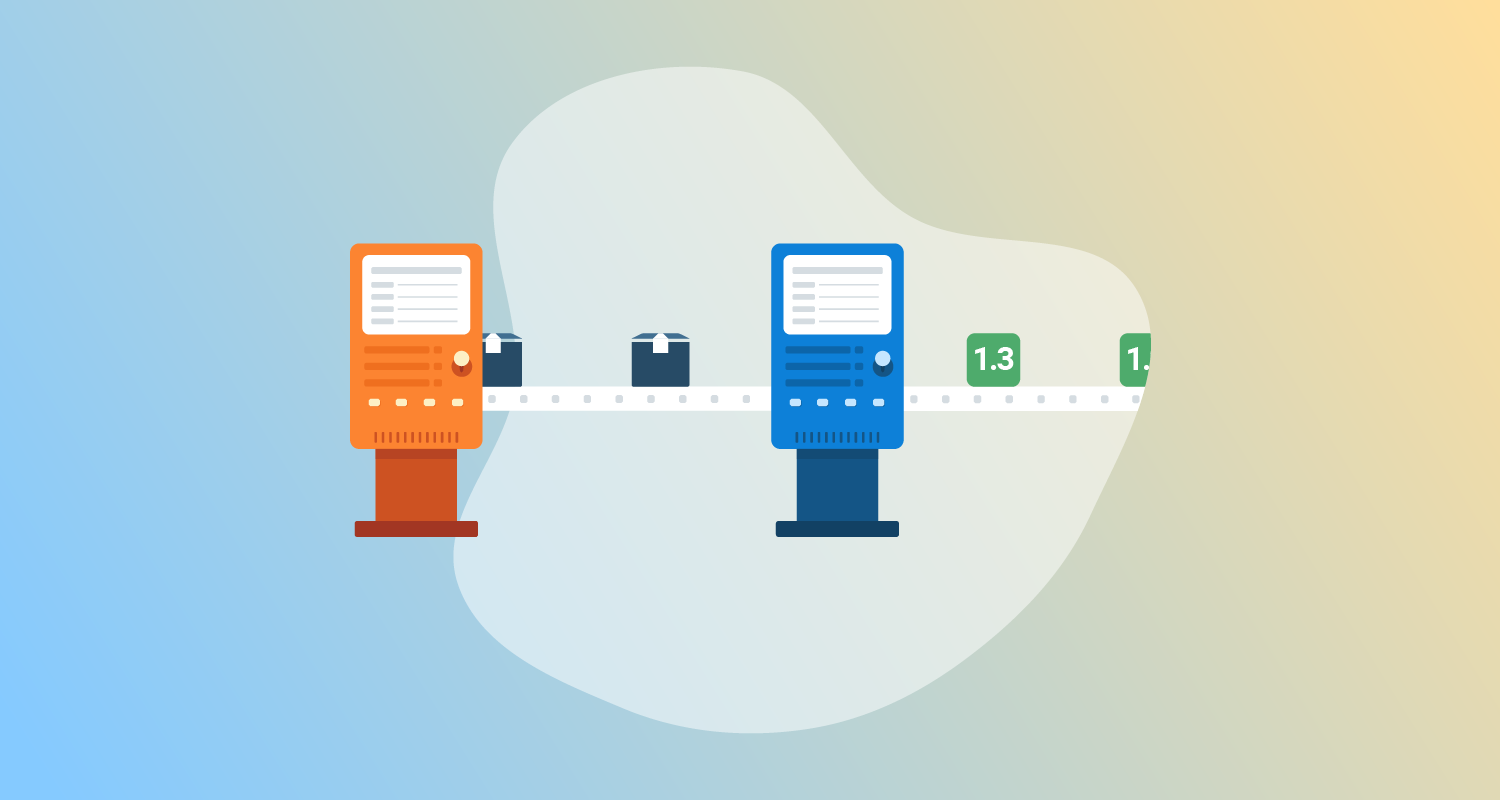 Software packages moving along a conveyor belt and becoming versioned releases.