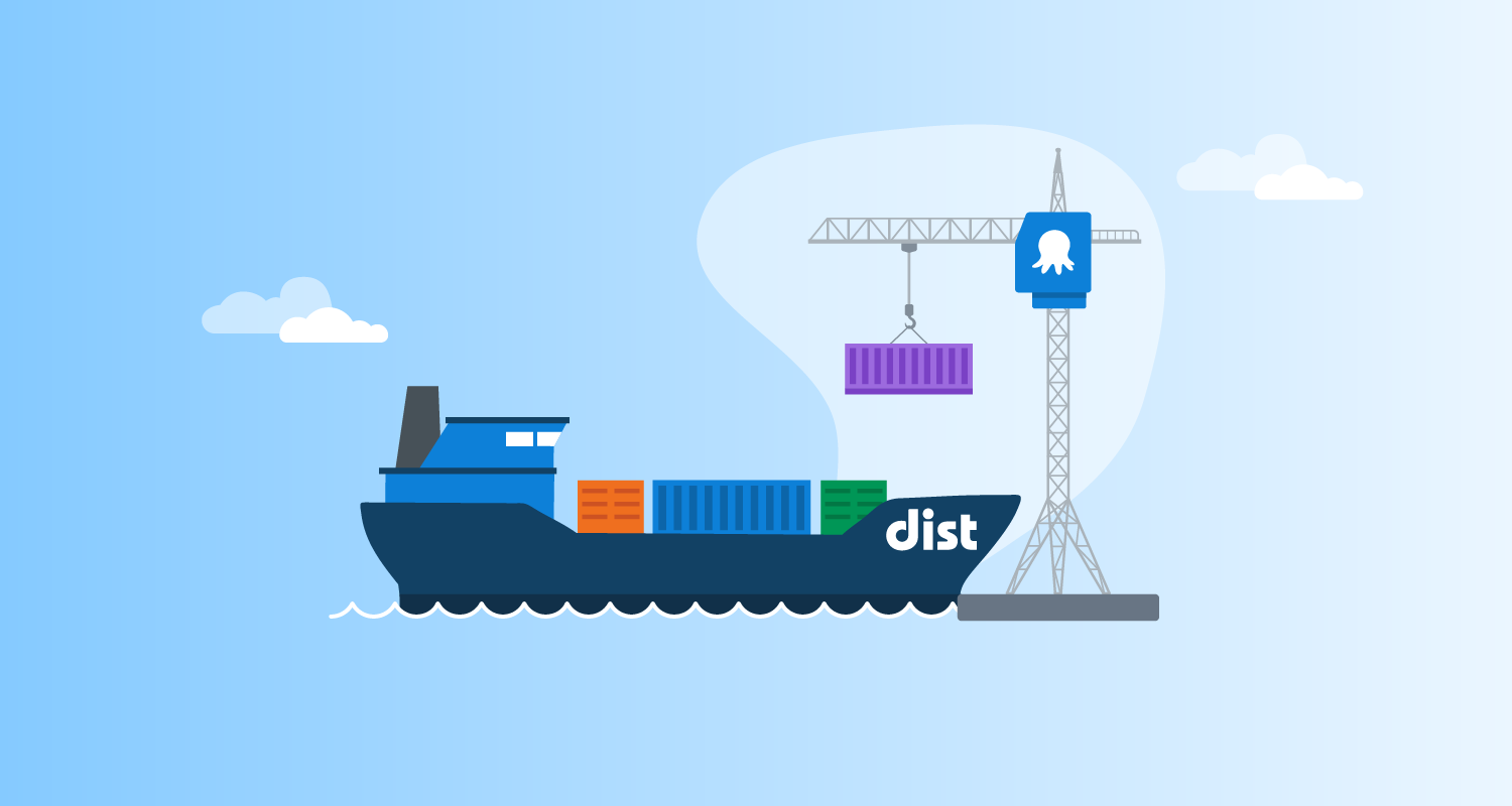 An Octopus-branded crane unloading containers from a ship named Dist.