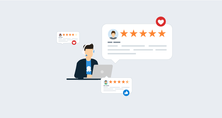 Octopus employee at laptop with headset and icons representing customer feedback