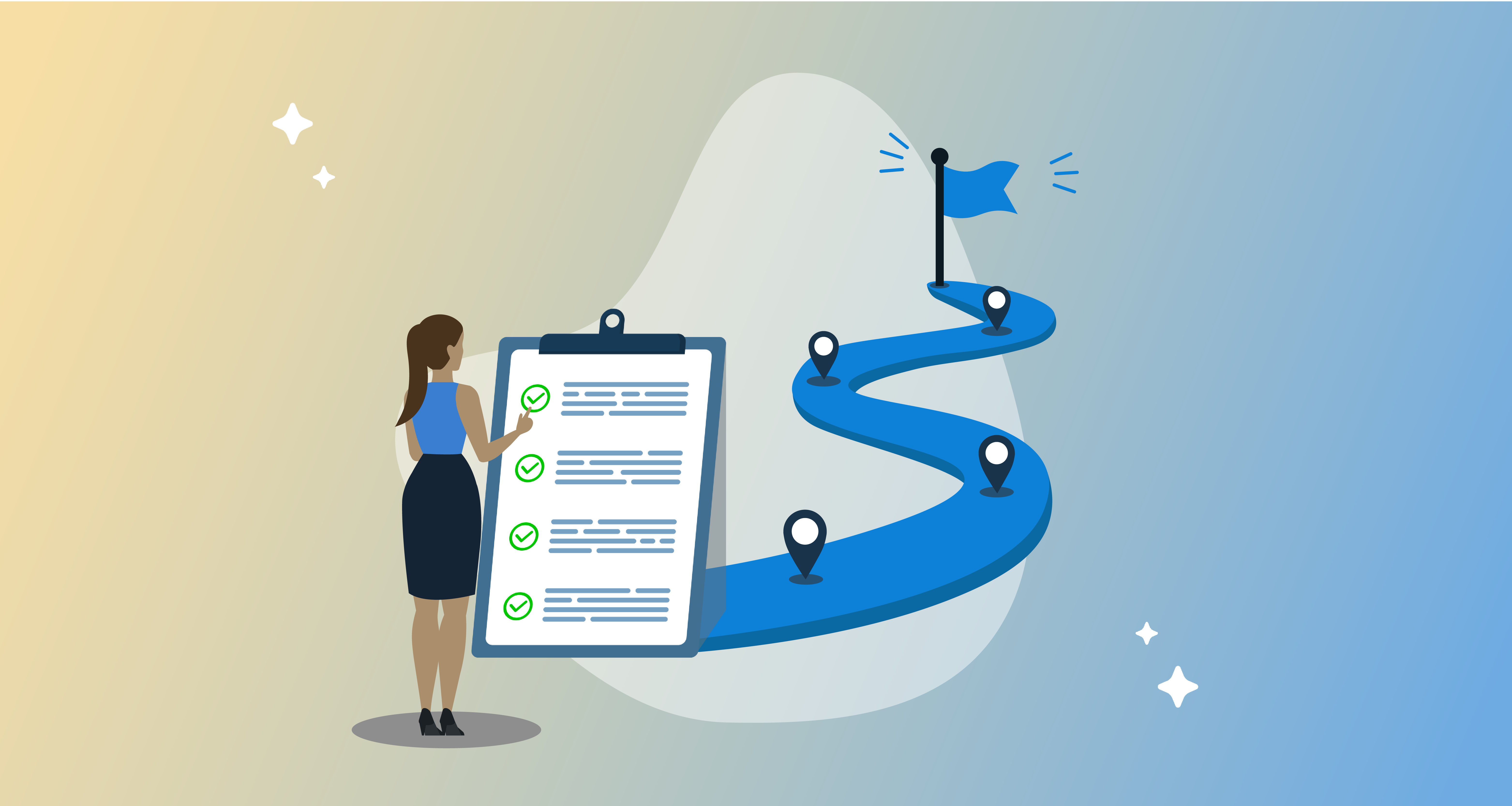 Illustration of a checklist and a winding path leading to a flag, representing a staged migration plan reaching its goal