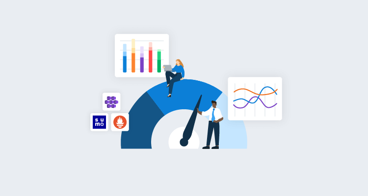 2 people surrounded by various graphs, one studying their laptop, one leaning against the giant needle of a speedometer.