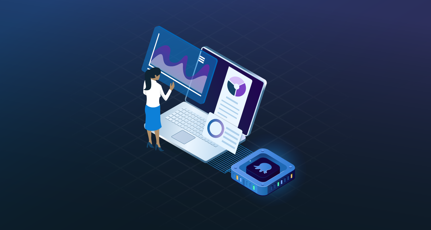 Woman standing at laptop with Octopus server connected analyzing graphs.
