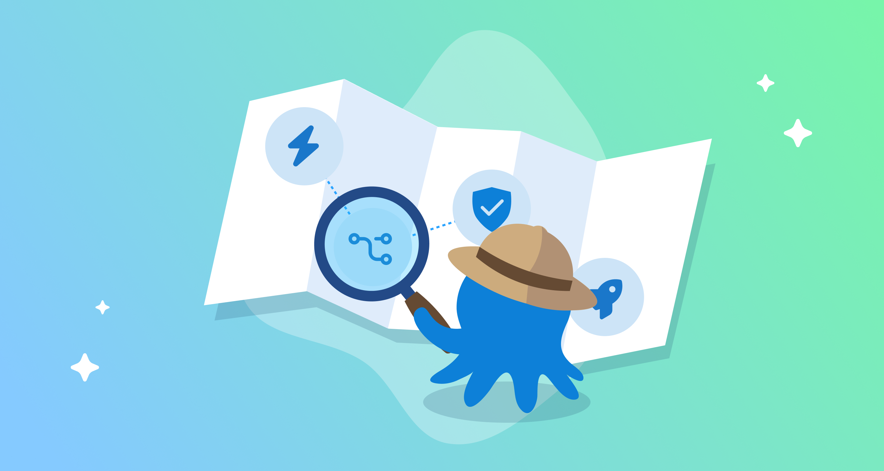 An Octopus mascot in an explorer hat holding a magnifying glass over a map of connected deployment icons.