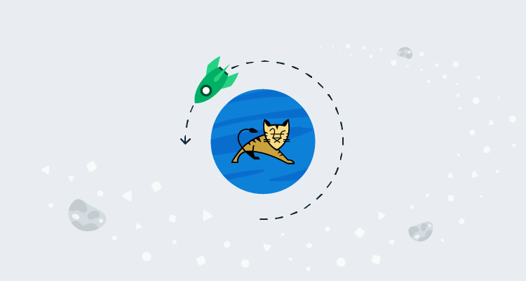 A release with the Apache Tomcat logo on it, with a rocket traveling backwards around it to signify rolling back.