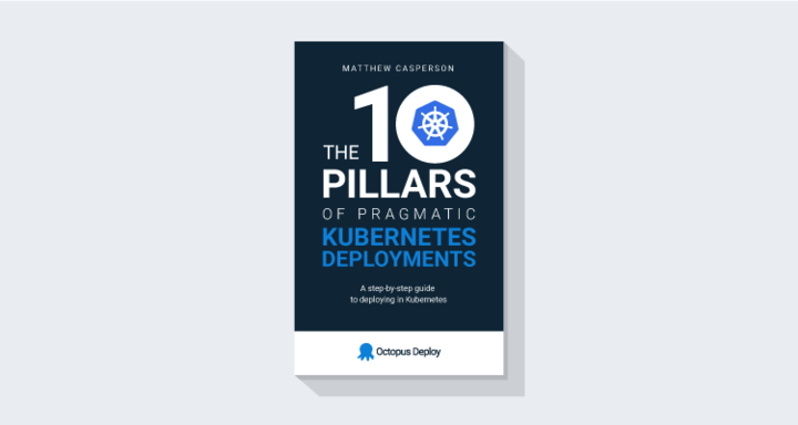 An open book sits in front of a Kubernetes-branded building with ten columns