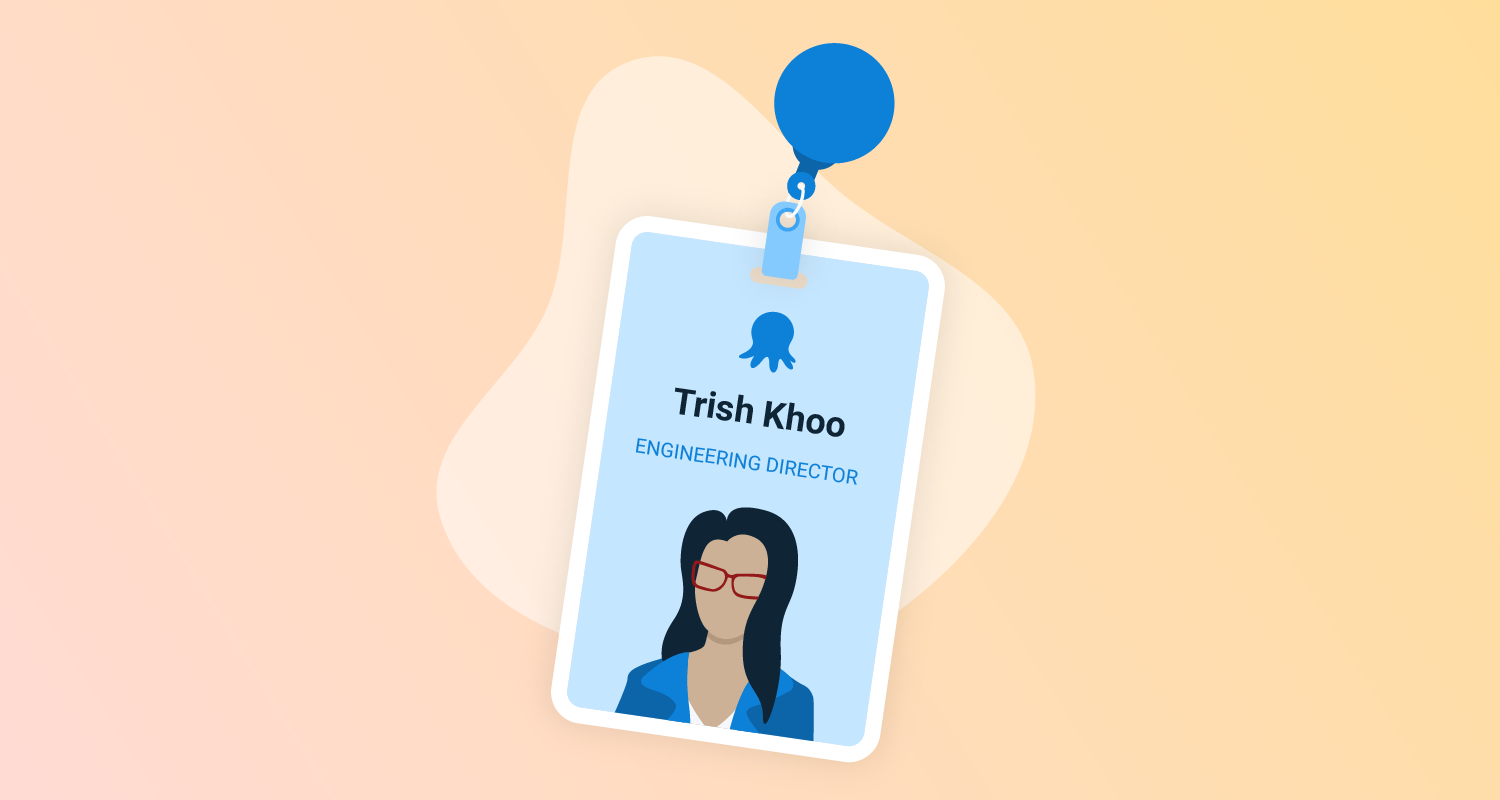 Octopus branded security badge with text that says Trish Khoo Director of Engineering, above the silhouette of a woman.