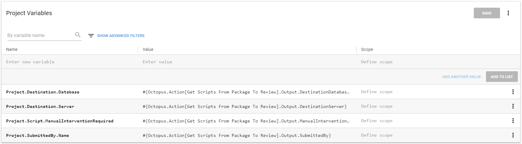 Adhoc octopus run database package variables