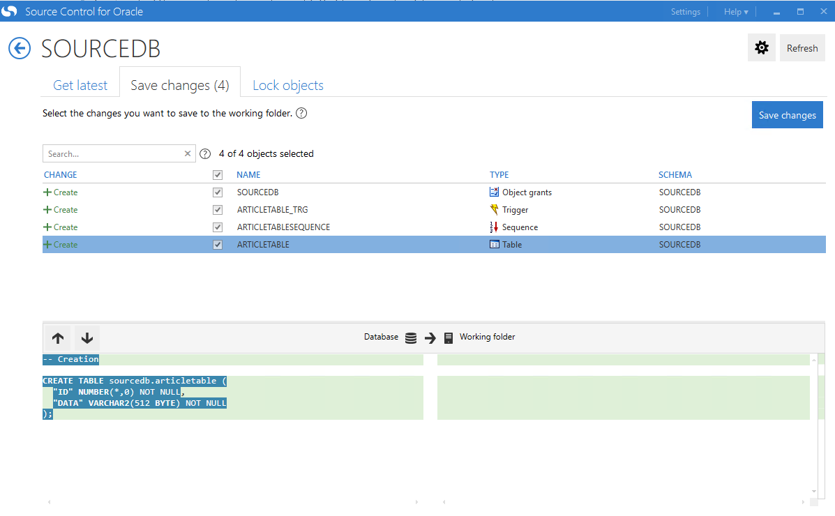 Redgate commit changes summary