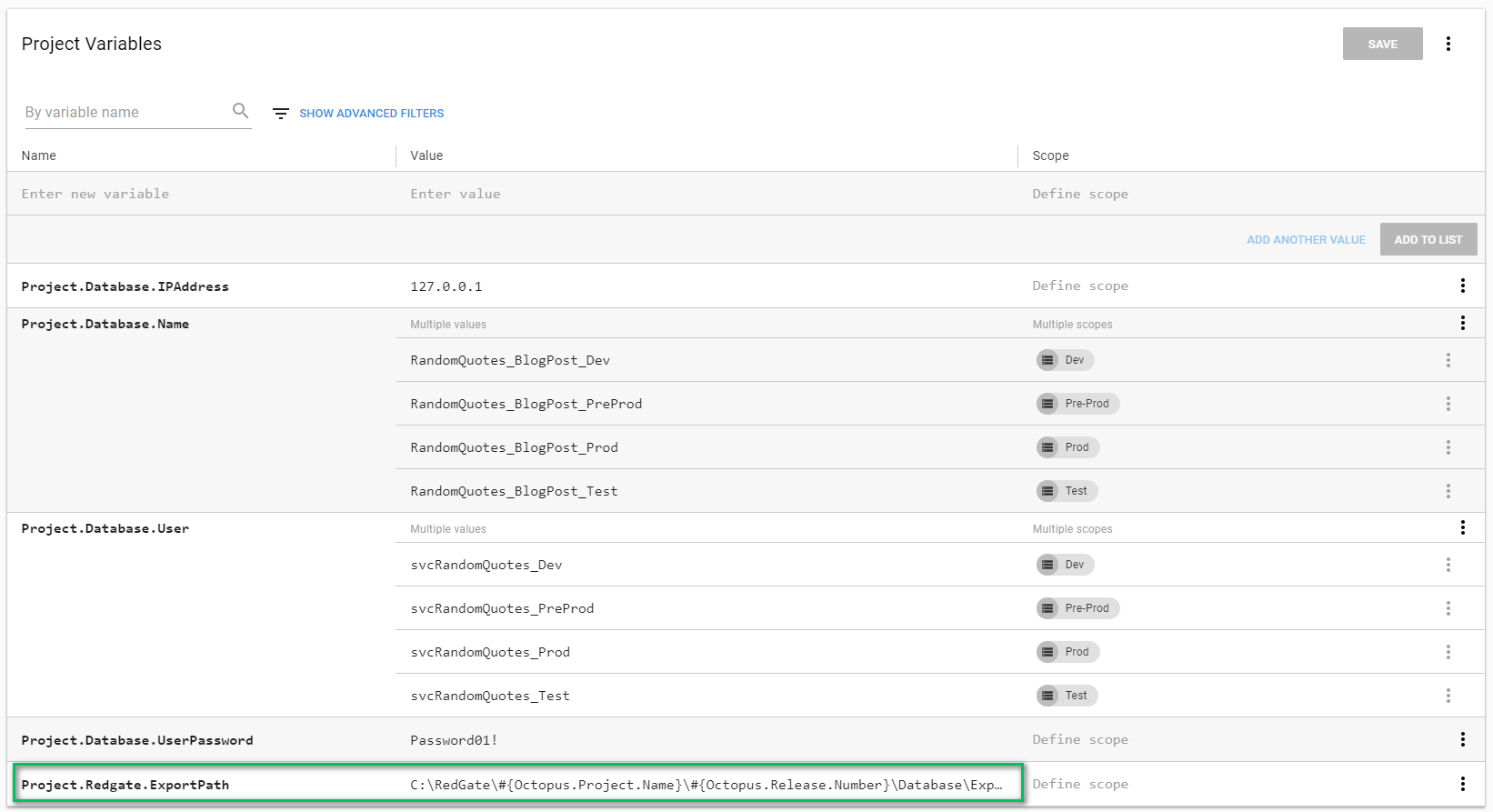 Octopus database project variables