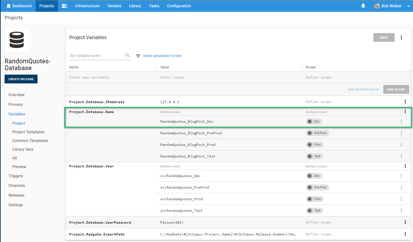 Octopus first database release variables