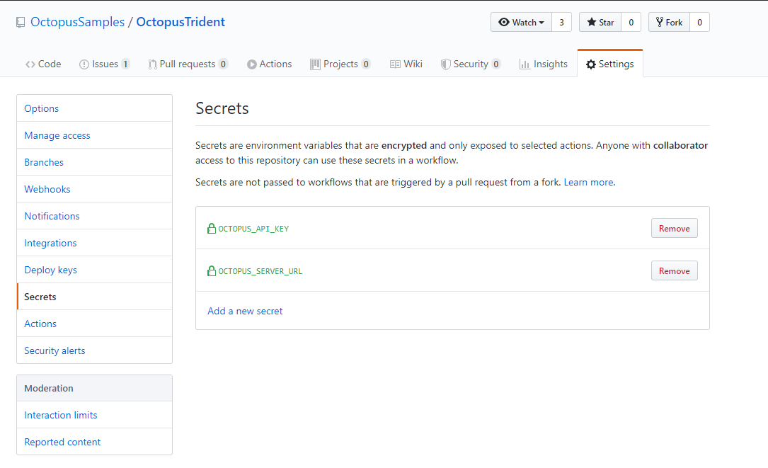 Github actions secrets