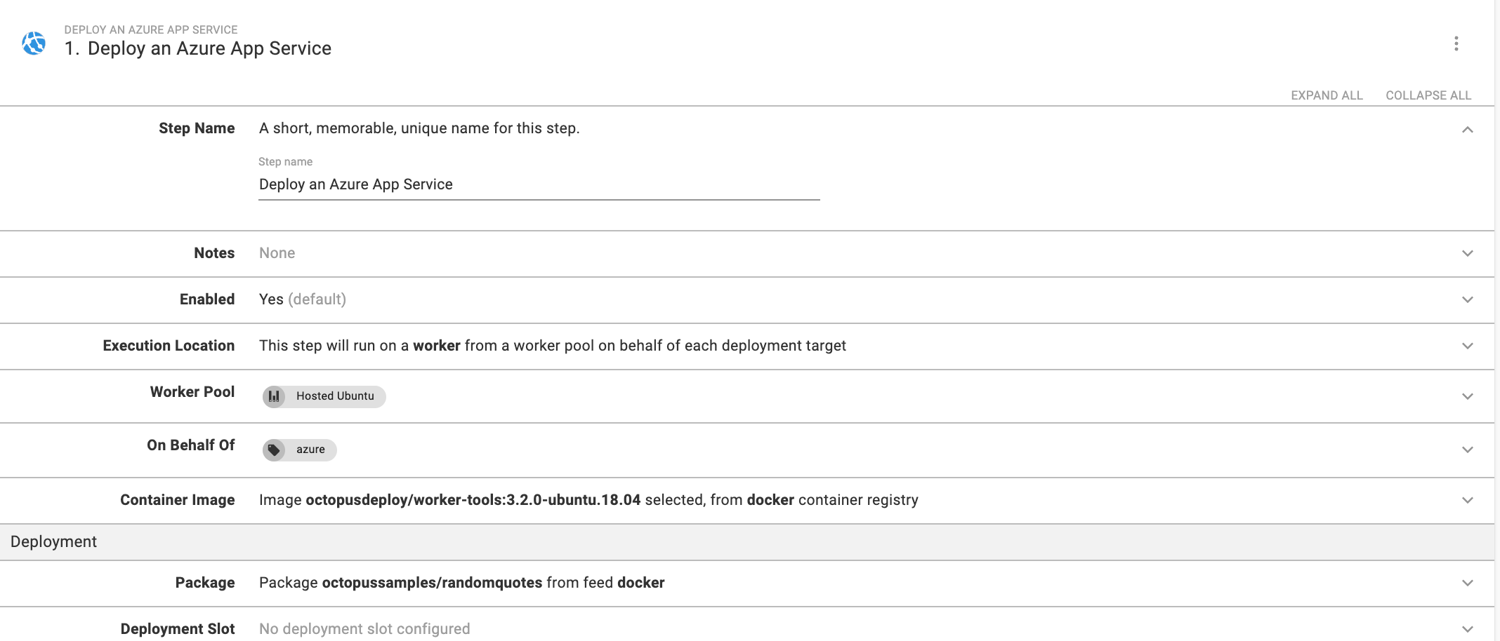 Octopus Azure deploy step configuration