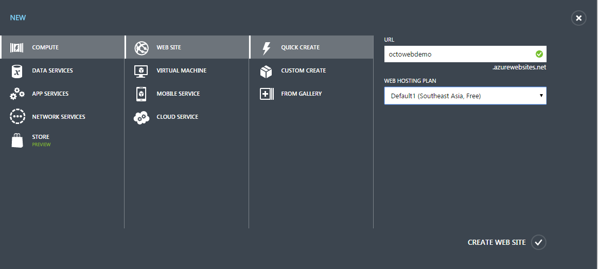 Create New Azure Web Site