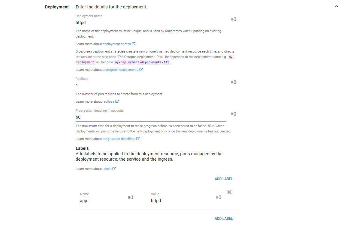 Kubernetes deployment section