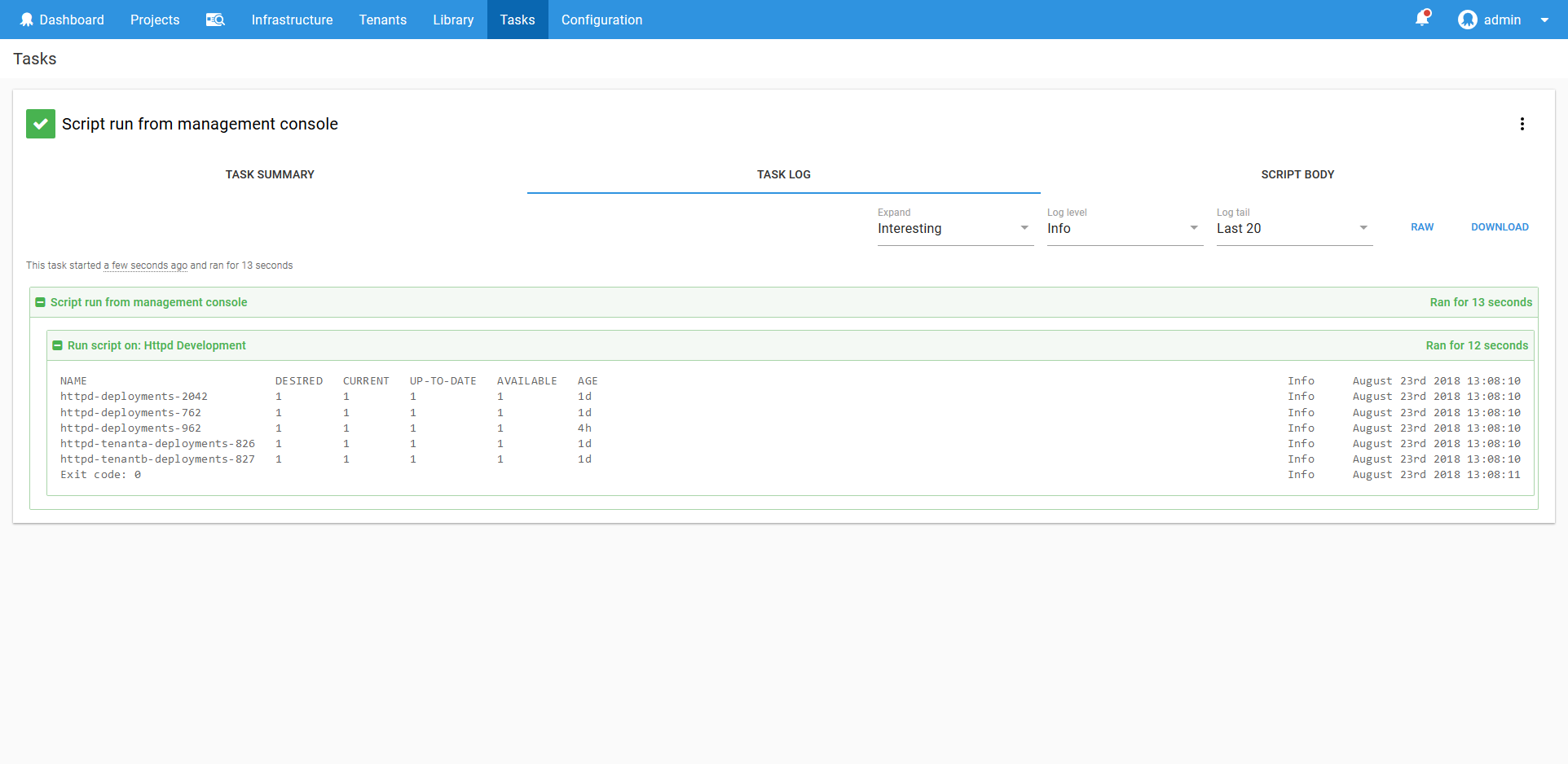 Kubernetes script console result