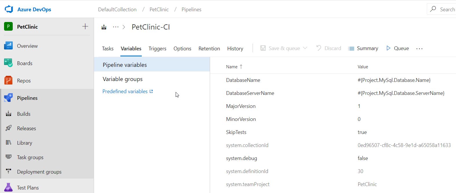 Ado project variables