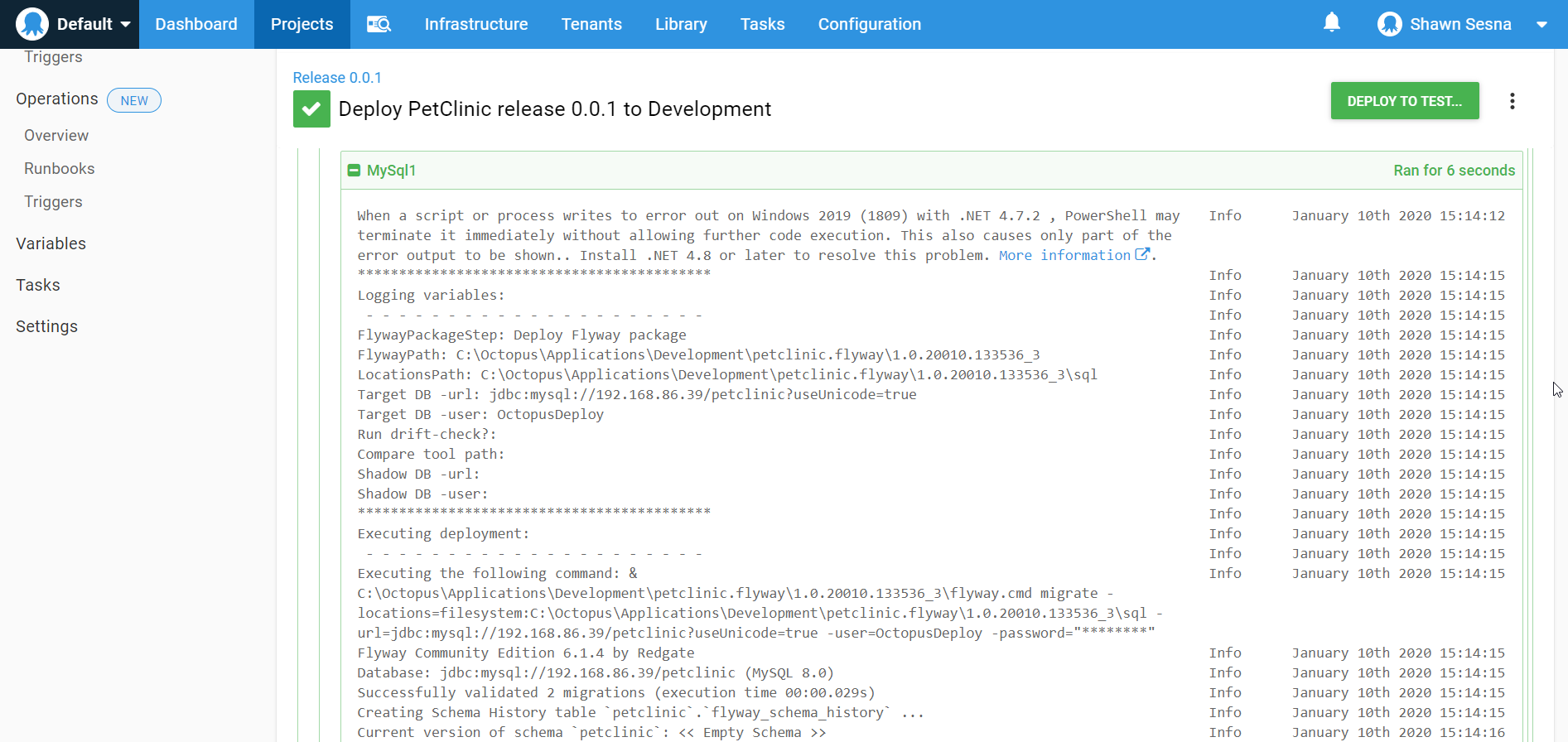 Octopus project deployment mysql