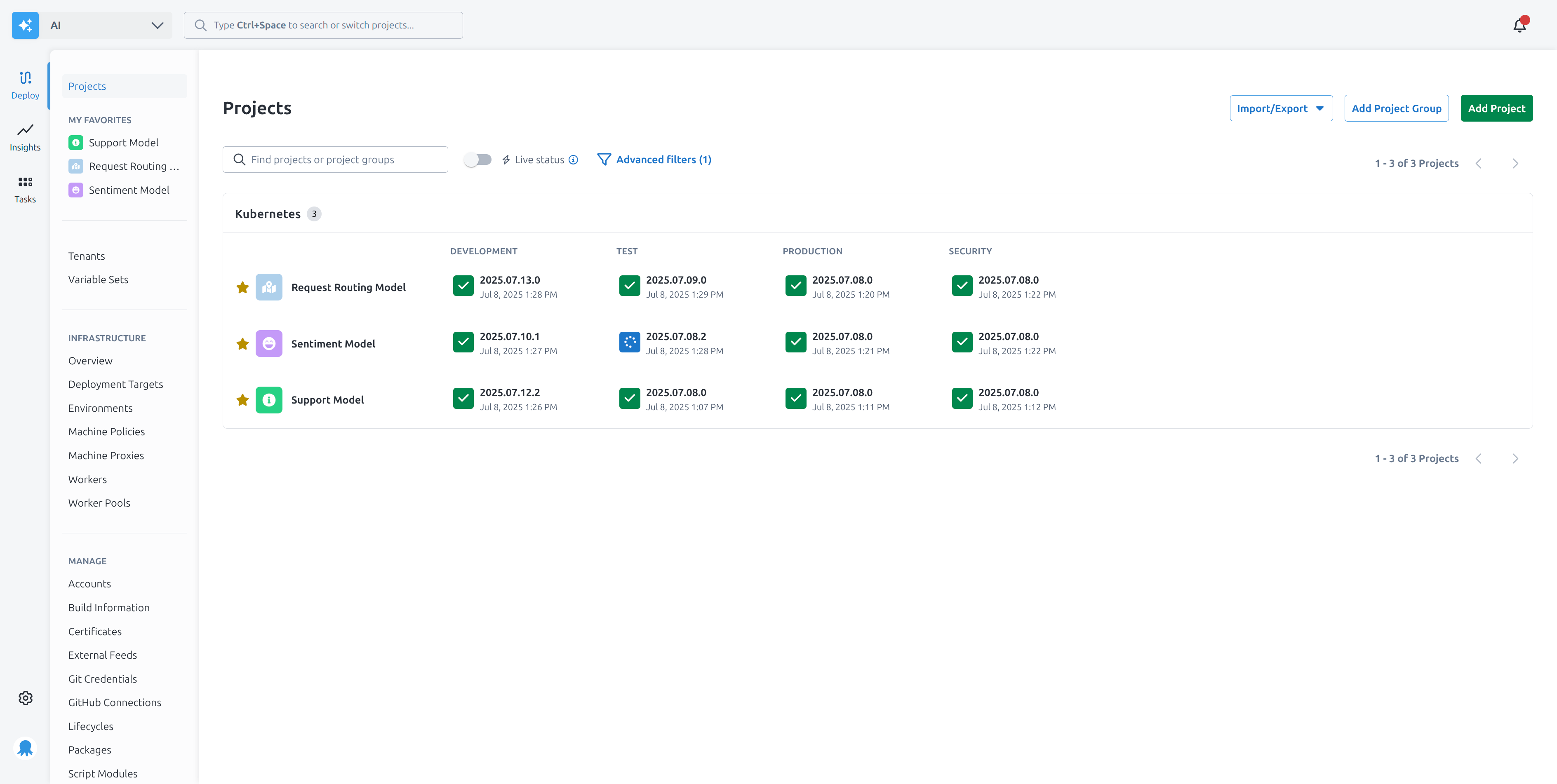 A screenshot of the dashboard showing deployments