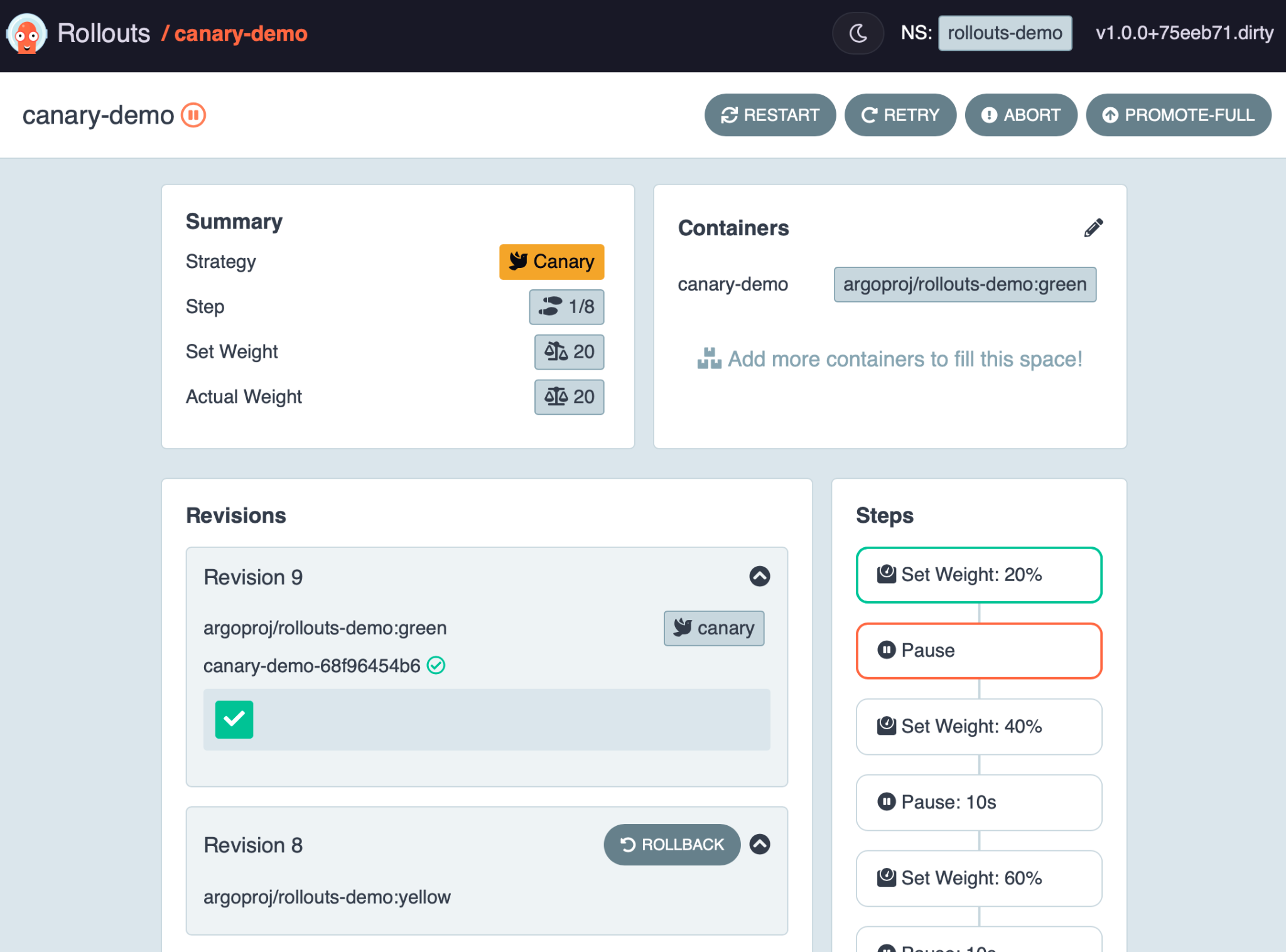 Argo Rollouts canary deployment dashboard