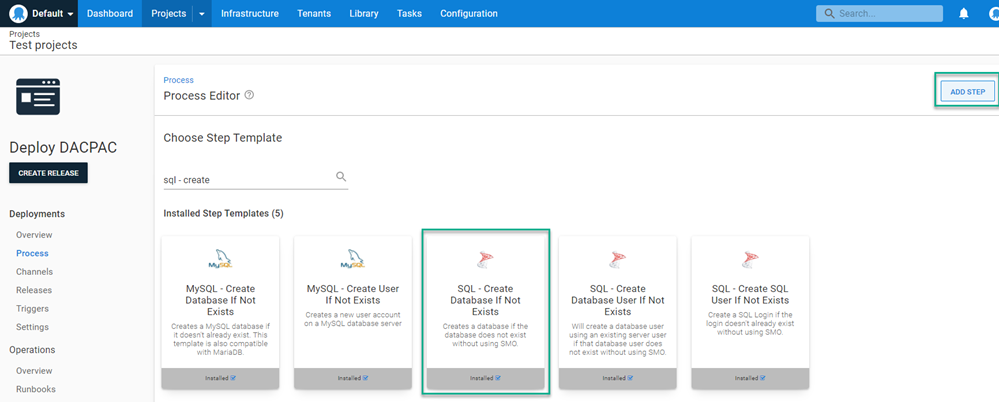 Octopus add create database