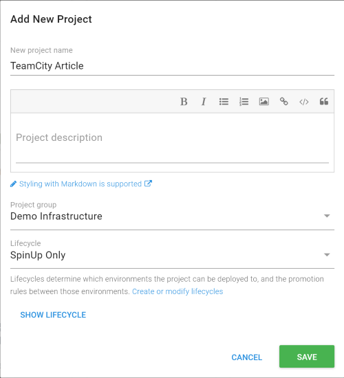 Octopus deploy create project